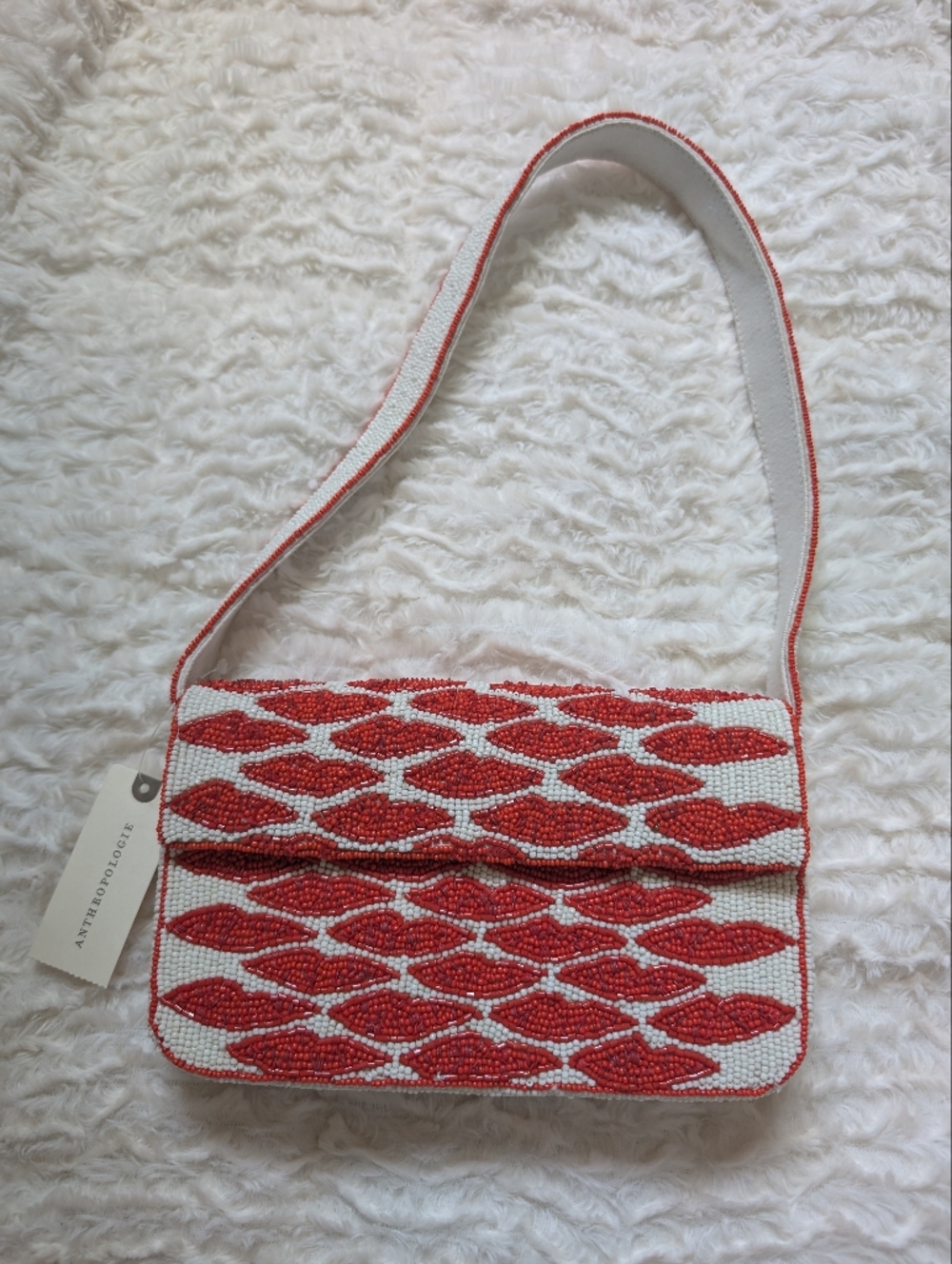 NWT Anthropologie Red & White Beaded Crossbody Purse